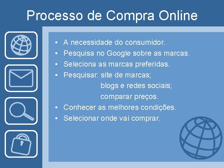 Processo de Compra Online • • A necessidade do consumidor. Pesquisa no Google sobre