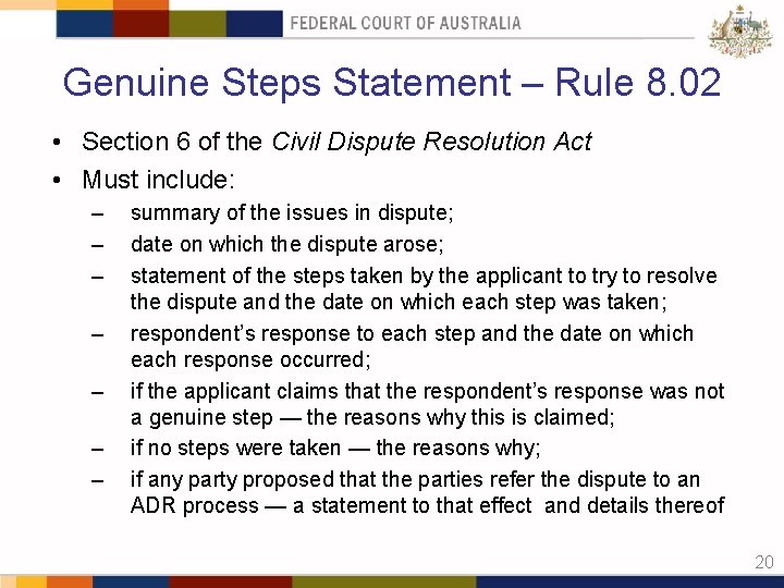 Genuine Steps Statement – Rule 8. 02 • Section 6 of the Civil Dispute