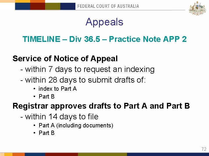 Appeals TIMELINE – Div 36. 5 – Practice Note APP 2 Service of Notice