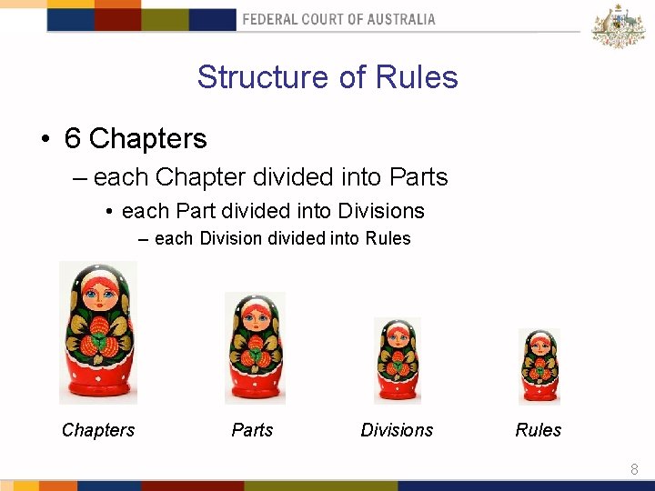 Structure of Rules • 6 Chapters – each Chapter divided into Parts • each