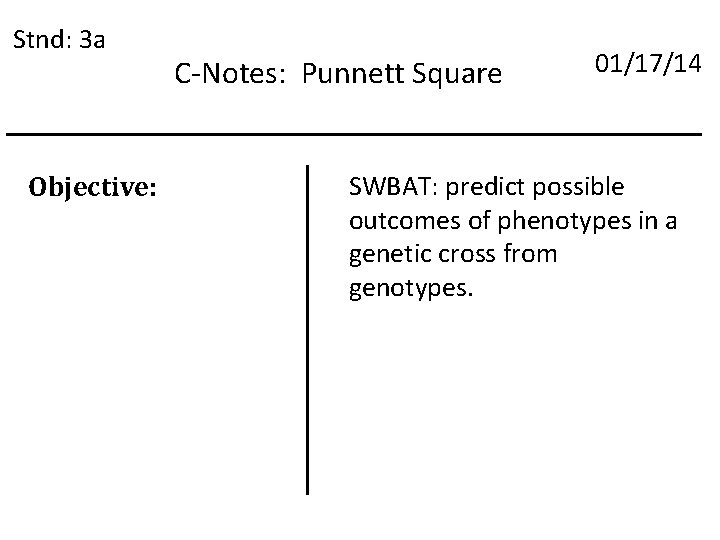 Stnd: 3 a Objective: C-Notes: Punnett Square 01/17/14 SWBAT: predict possible outcomes of phenotypes
