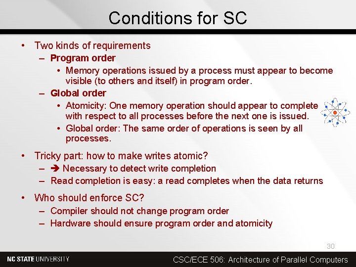 Conditions for SC • Two kinds of requirements – Program order • Memory operations