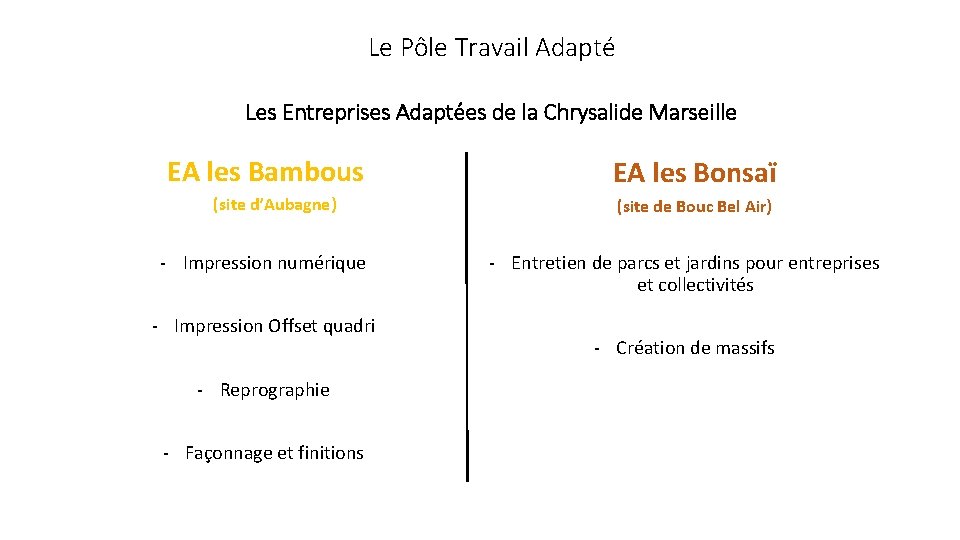 Le Pôle Travail Adapté Les Entreprises Adaptées de la Chrysalide Marseille EA les Bambous