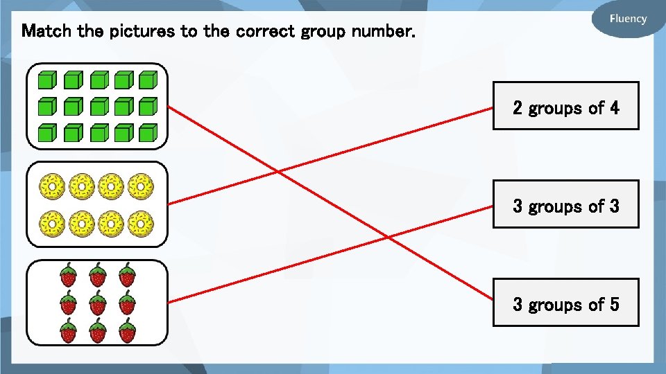 Match the pictures to the correct group number. 2 groups of 4 3 groups