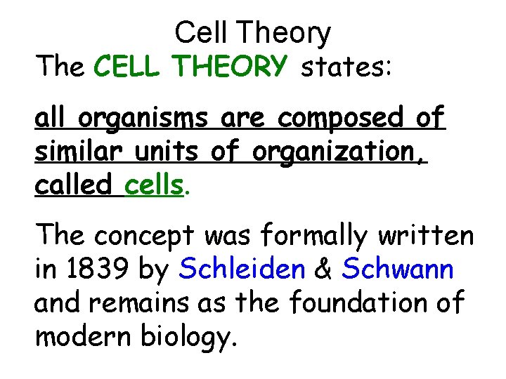 Cell Theory The CELL THEORY states: all organisms are composed of similar units of