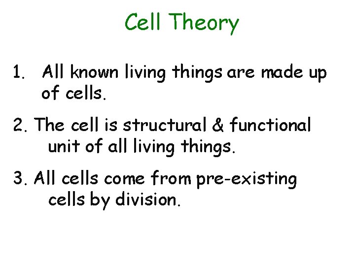 Cell Theory 1. All known living things are made up of cells. 2. The