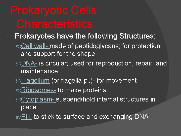 Prokaryotic Cells Characteristics Prokaryotes have the following Structures: Cell wall- made of peptidoglycans; for