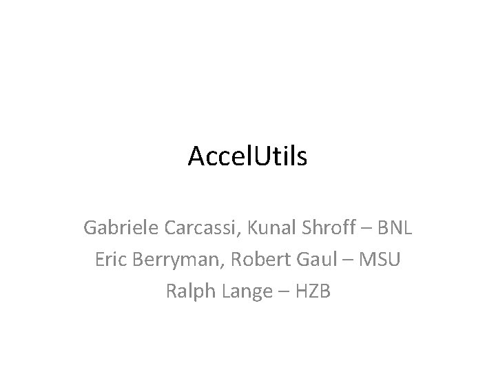 Accel. Utils Gabriele Carcassi, Kunal Shroff – BNL Eric Berryman, Robert Gaul – MSU