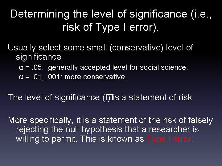Determining the level of significance (i. e. , risk of Type I error). Usually