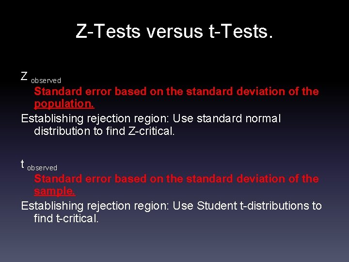 Z-Tests versus t-Tests. Z observed Standard error based on the standard deviation of the
