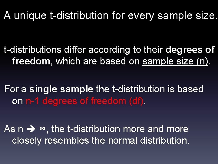 A unique t-distribution for every sample size. t-distributions differ according to their degrees of