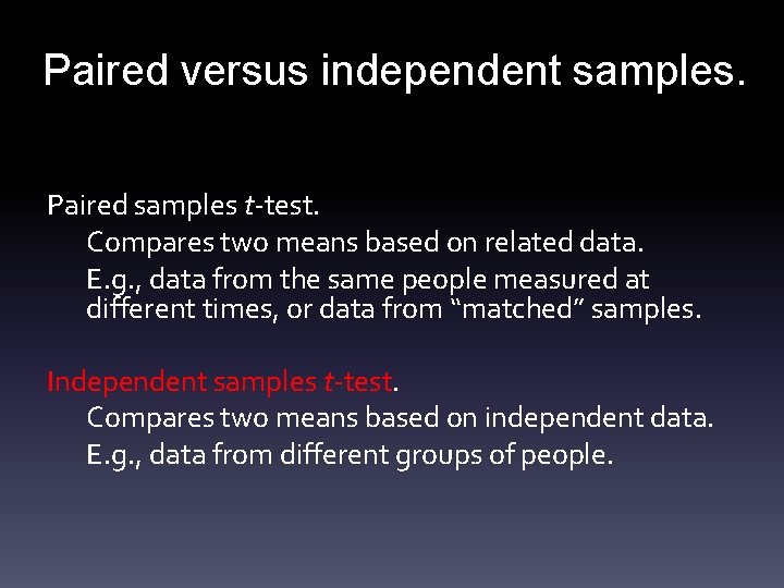 Paired versus independent samples. Paired samples t-test. Compares two means based on related data.