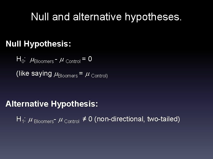 Null and alternative hypotheses. Null Hypothesis: H 0: Bloomers - Control = 0 (like