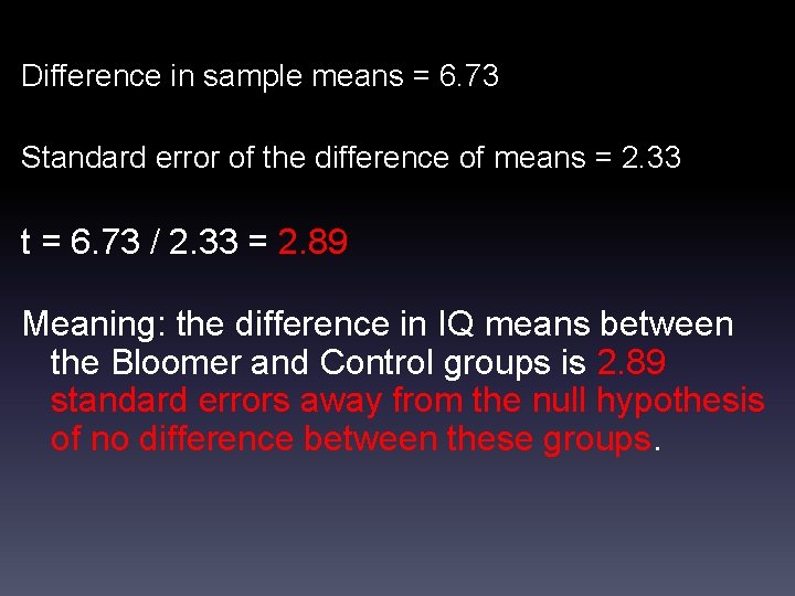 Difference in sample means = 6. 73 Standard error of the difference of means