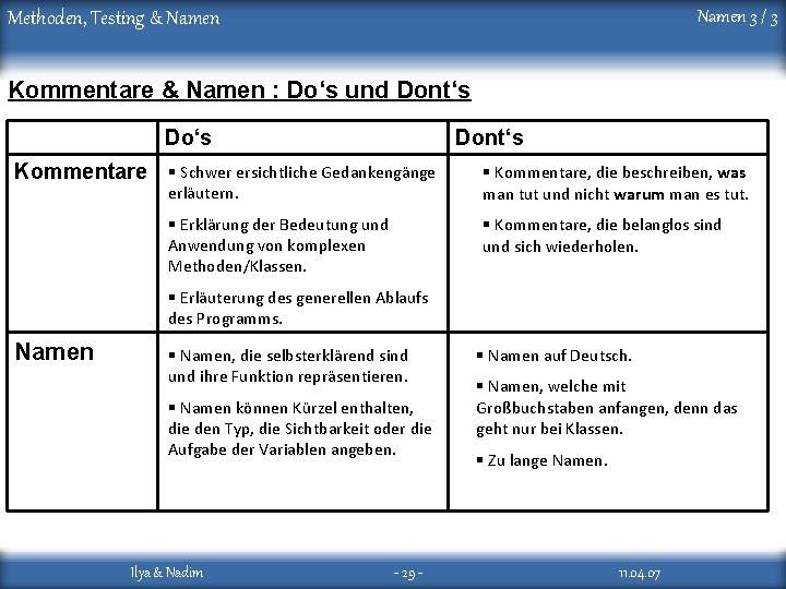 Namen 3 / 3 Methoden, Testing & Namen Kommentare & Namen : Do‘s und