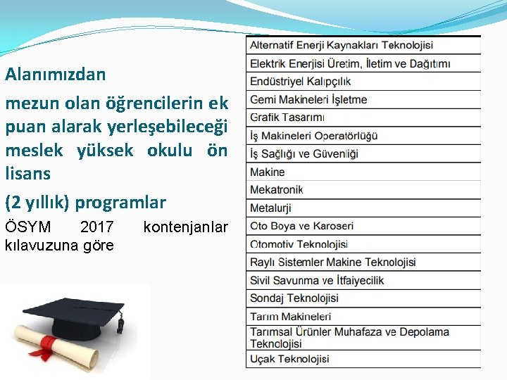 Alanımızdan mezun olan öğrencilerin ek puan alarak yerleşebileceği meslek yüksek okulu ön lisans (2