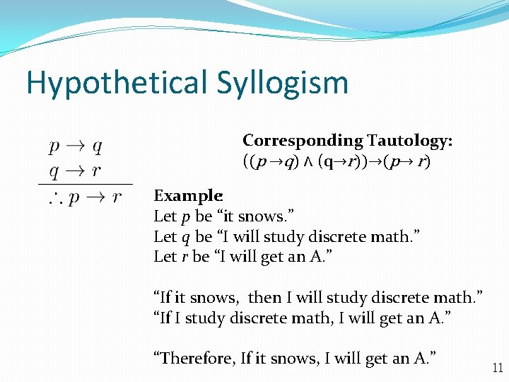 Hypothetical Syllogism Corresponding Tautology: ((p →q) ∧ (q→r))→(p→ r) Example: Let p be “it