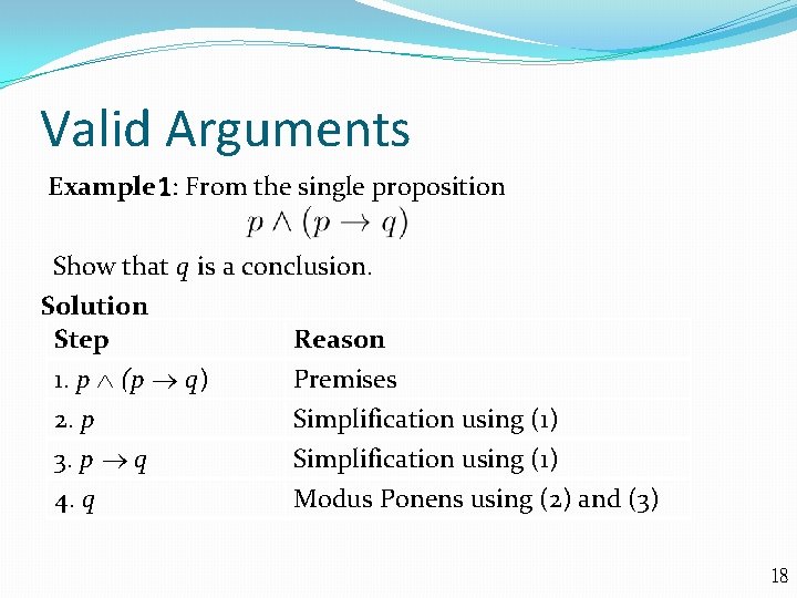 Valid Arguments Example 1: From the single proposition Show that q is a conclusion.