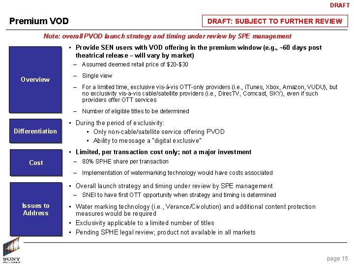 DRAFT Premium VOD DRAFT: SUBJECT TO FURTHER REVIEW Note: overall PVOD launch strategy and