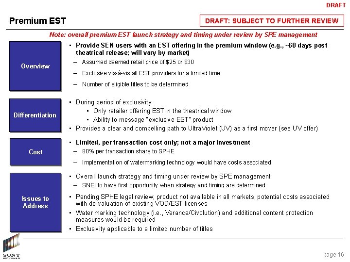 DRAFT Premium EST DRAFT: SUBJECT TO FURTHER REVIEW Note: overall premium EST launch strategy