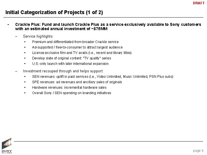 DRAFT Initial Categorization of Projects (1 of 2) • Crackle Plus: Fund and launch