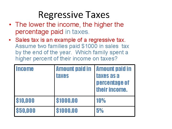 Regressive Taxes • The lower the income, the higher the percentage paid in taxes.