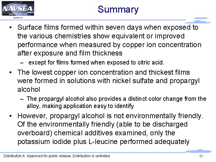 Summary • Surface films formed within seven days when exposed to the various chemistries
