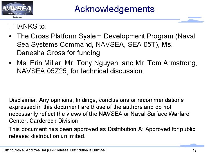 Acknowledgements THANKS to: • The Cross Platform System Development Program (Naval Sea Systems Command,