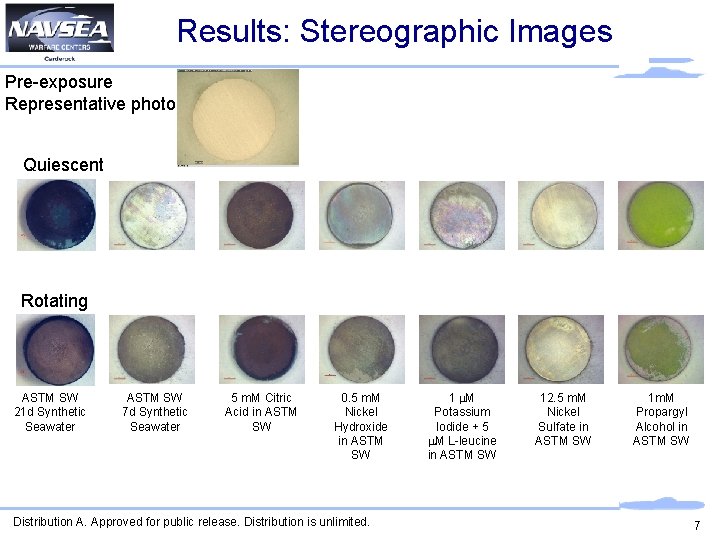 Results: Stereographic Images Pre-exposure Representative photo Quiescent Rotating ASTM SW 21 d Synthetic Seawater