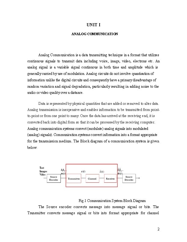 UNIT I ANALOG COMMUNICATION Analog Communication is a data transmitting technique in a format