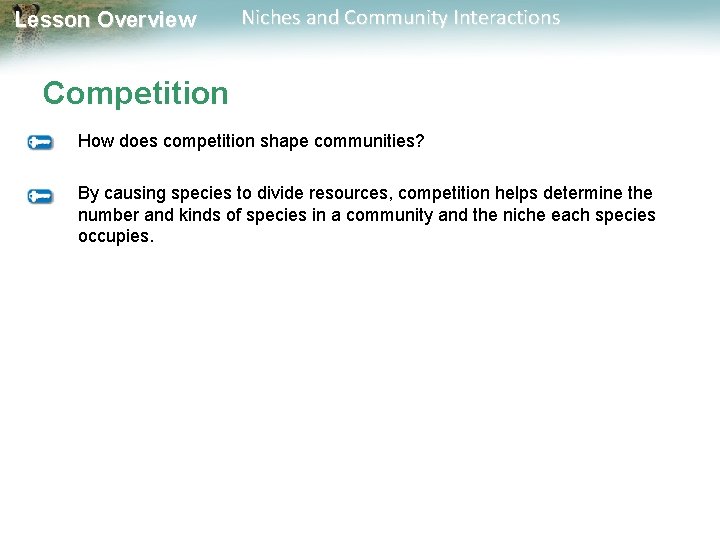 Lesson Overview Niches and Community Interactions Competition How does competition shape communities? By causing