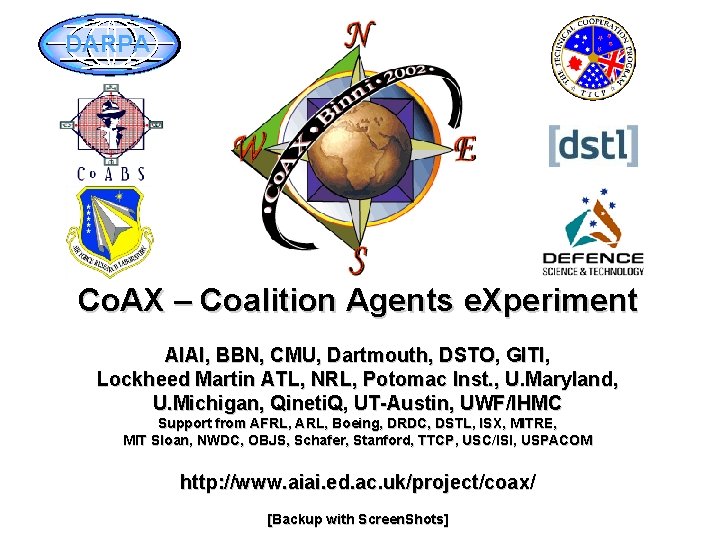 DARPA Co. AX – Coalition Agents e. Xperiment AIAI, BBN, CMU, Dartmouth, DSTO, GITI,