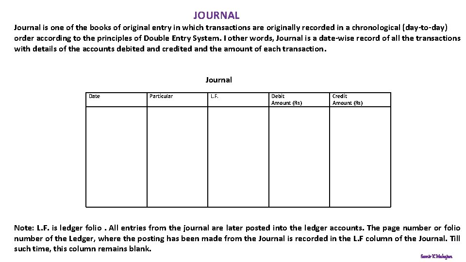 JOURNAL Journal is one of the books of original entry in which transactions are