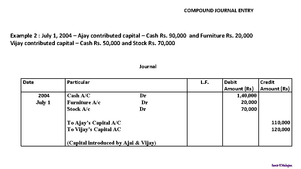 COMPOUND JOURNAL ENTRY Example 2 : July 1, 2004 – Ajay contributed capital –