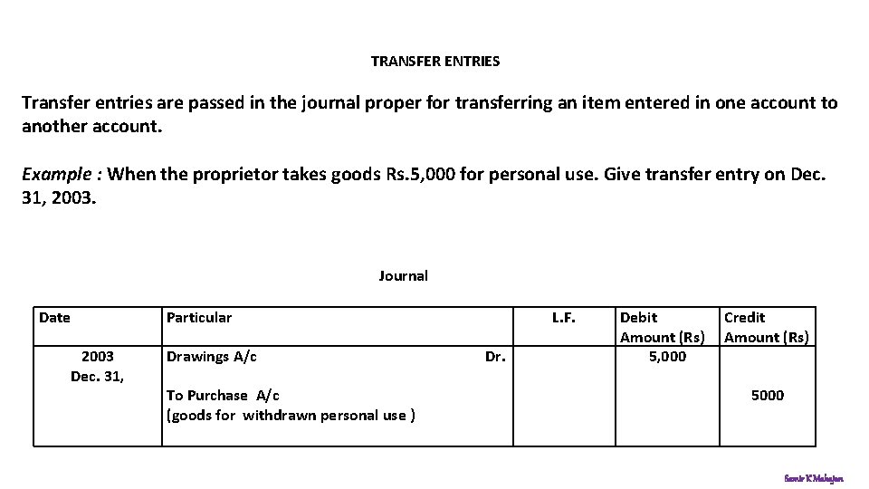 TRANSFER ENTRIES Transfer entries are passed in the journal proper for transferring an item