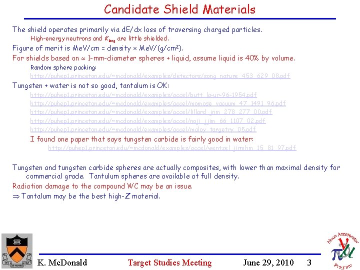 Candidate Shield Materials The shield operates primarily via d. E/dx loss of traversing charged