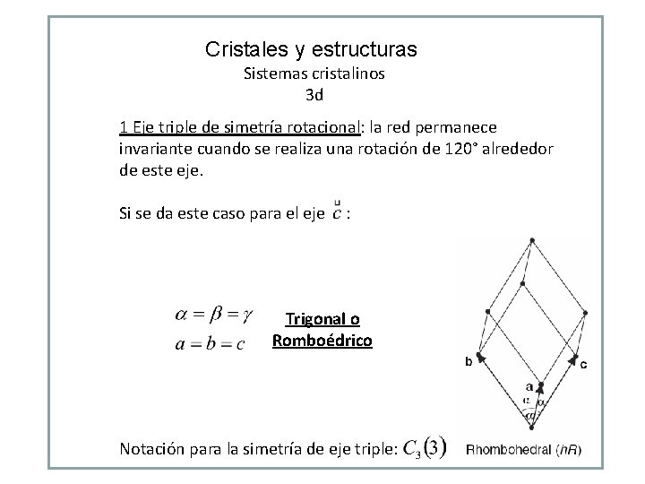 Cristales y estructuras Sistemas cristalinos 3 d 1 Eje triple de simetría rotacional: la