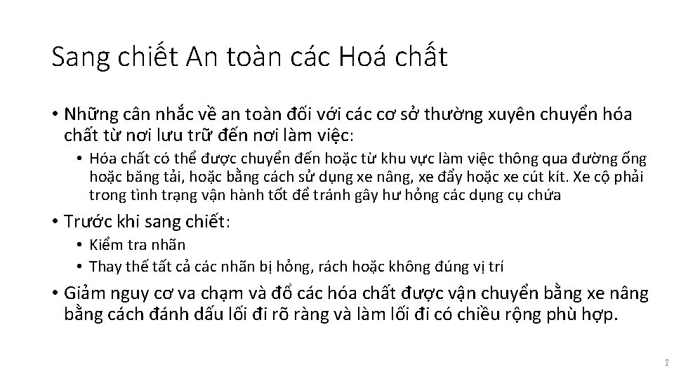 Sang chiết An toàn các Hoá chất Phân phối • Những cân nhắc về