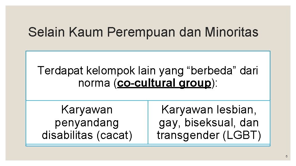Selain Kaum Perempuan dan Minoritas Terdapat kelompok lain yang “berbeda” dari norma (co-cultural group):