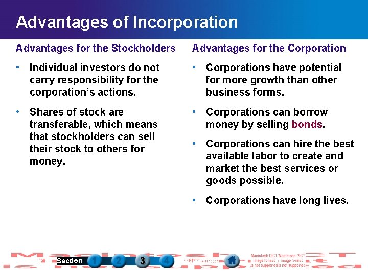 Advantages of Incorporation Advantages for the Stockholders Advantages for the Corporation • Individual investors