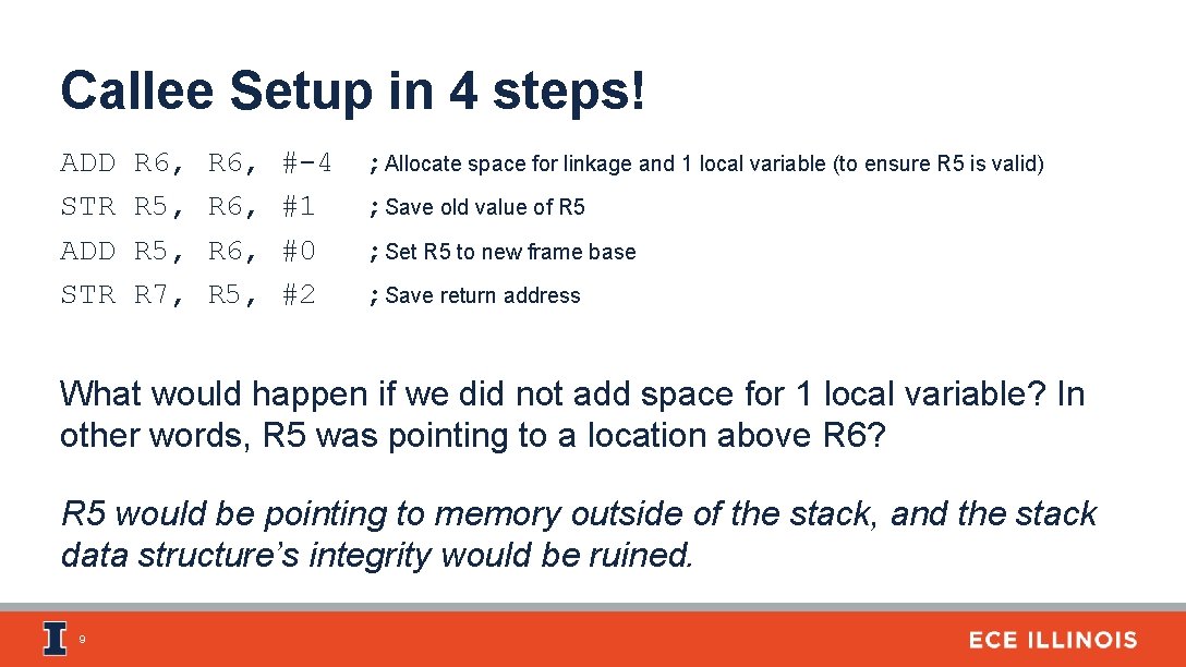 Callee Setup in 4 steps! ADD STR R 6, R 5, R 7, R