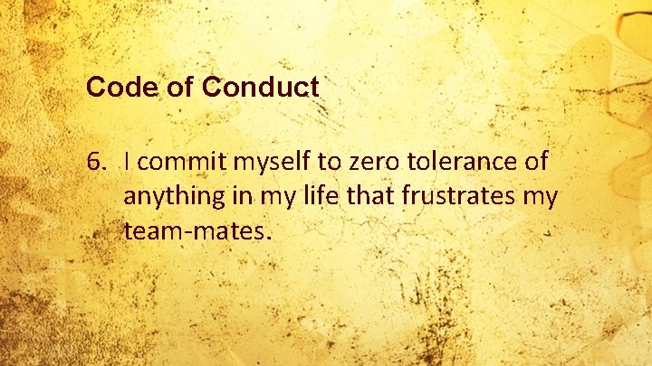 Code of Conduct 6. I commit myself to zero tolerance of anything in my