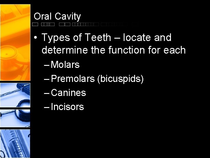 Oral Cavity • Types of Teeth – locate and determine the function for each