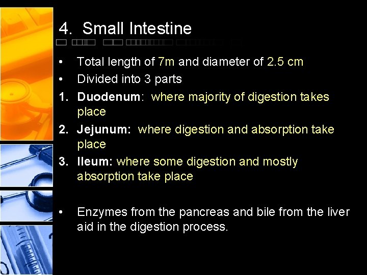 4. Small Intestine • Total length of 7 m and diameter of 2. 5