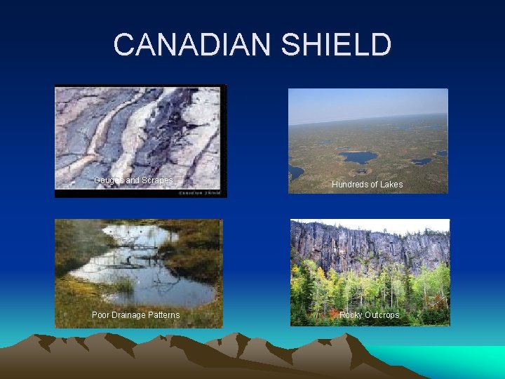 CANADIAN SHIELD Gouges and Scrapes Hundreds of Lakes Poor Drainage Patterns Rocky Outcrops 