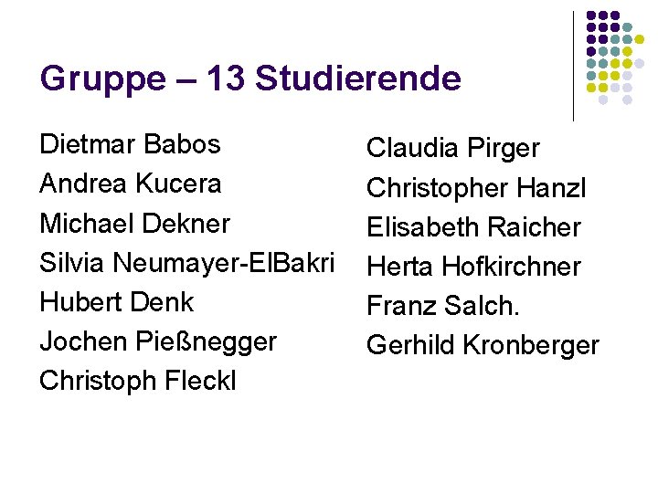 Gruppe – 13 Studierende Dietmar Babos Andrea Kucera Michael Dekner Silvia Neumayer-El. Bakri Hubert
