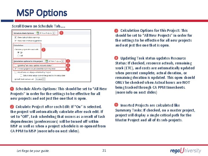MSP Options Scroll Down on Schedule Tab…. . Calculation Options for this Project: This