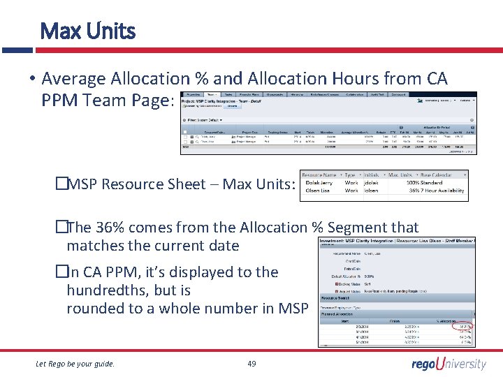 Max Units • Average Allocation % and Allocation Hours from CA PPM Team Page: