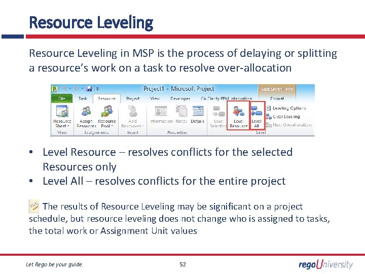 Resource Leveling in MSP is the process of delaying or splitting a resource’s work