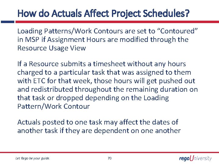 How do Actuals Affect Project Schedules? Loading Patterns/Work Contours are set to “Contoured” in